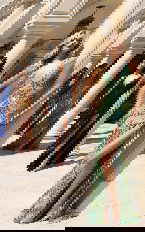 Elegant sequin gowns with deep V-necklines and high slits in multiple colors