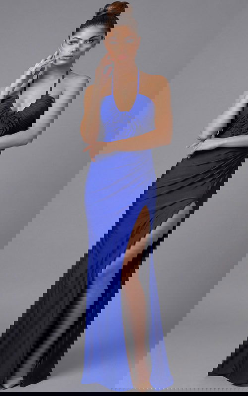 halter neck royal blue satin dress with high side slit 43041