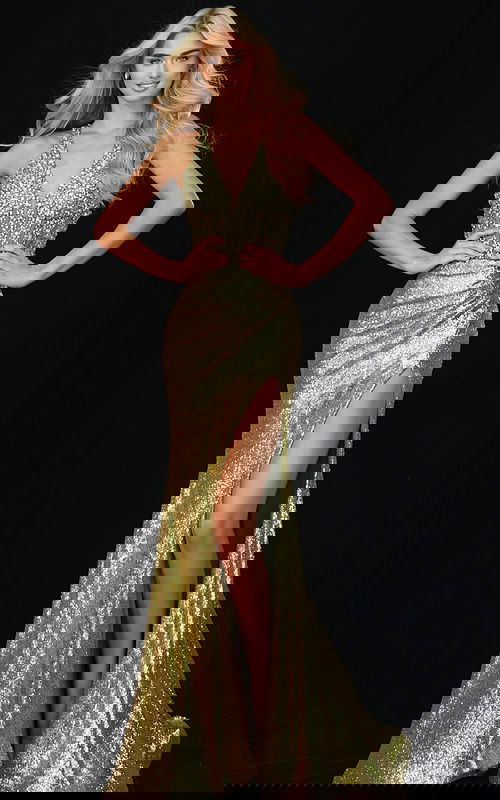 Gold sequin halter prom dress with plunging neckline and thigh-high slit