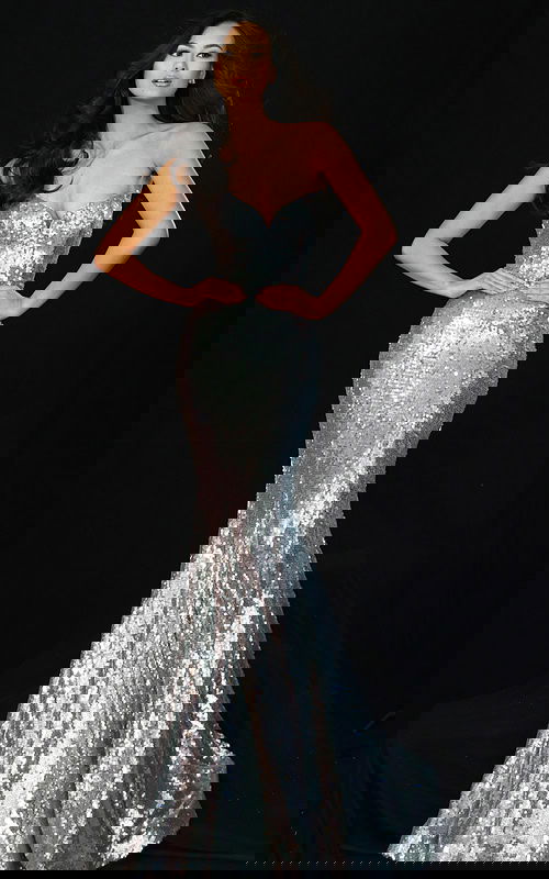 Strapless sequin mermaid prom dress with sweetheart neckline and fitted silhouette