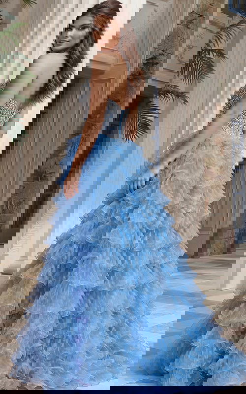 Strapless beaded bodice gown with open back and tiered ruffled skirt in sheer layered fabric