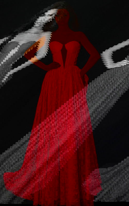 Strapless lace ball gown prom dress with corset bodice and sheer neckline