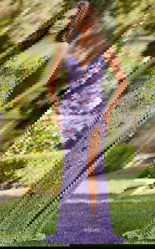 purple beaded dress with high slit 46097