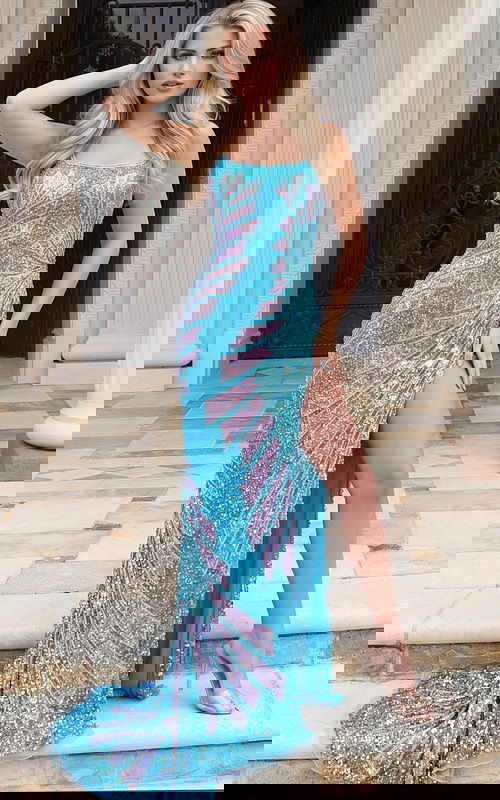 Front view of a beaded column gown with high slit and detailed sequin pattern