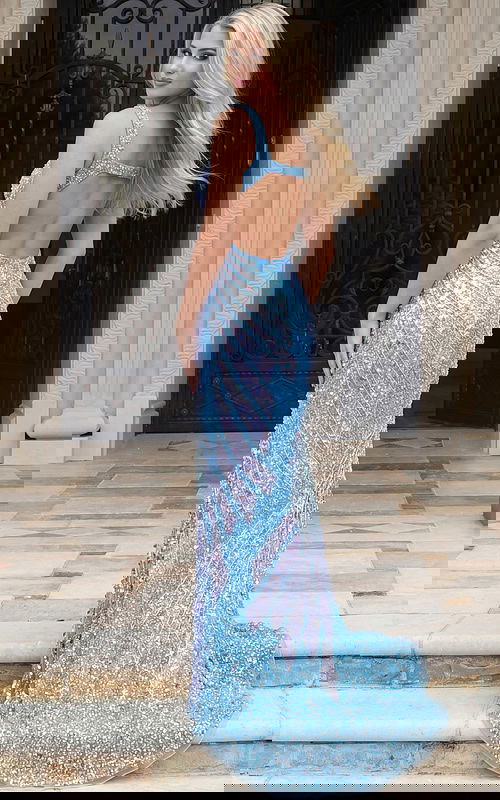 Beaded column gown with open back and fitted silhouette shown from the back