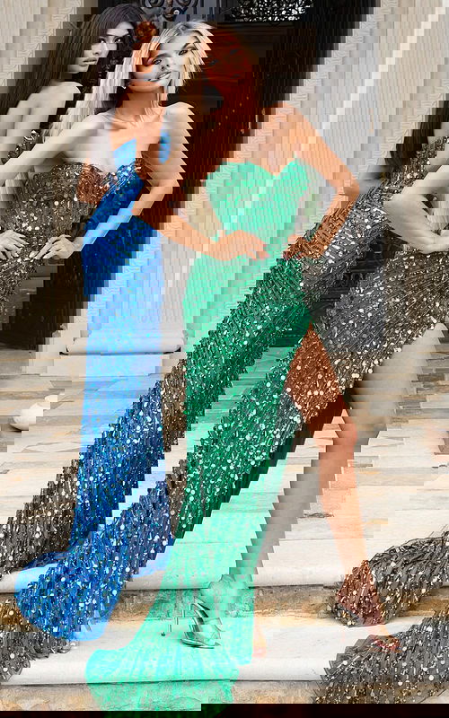 Strapless sequin gown with high slit