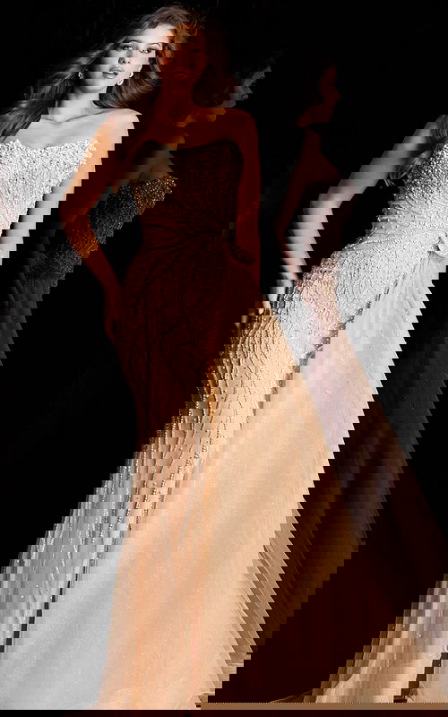 Sophisticated strapless gown with intricate pearl detailing and illusion bodice