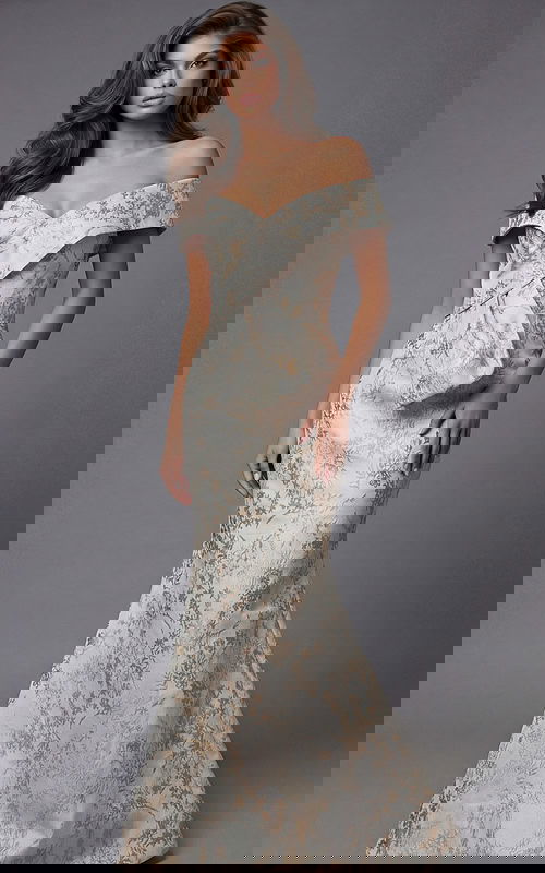 Front view of an off the shoulder fitted evening gown with a structured bodice and flared hem