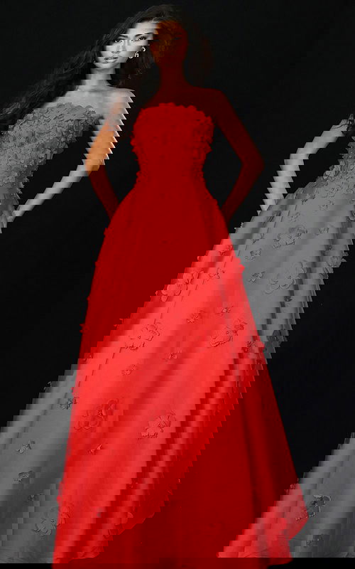 Strapless red ball gown with 3D floral appliqués and full satin skirt