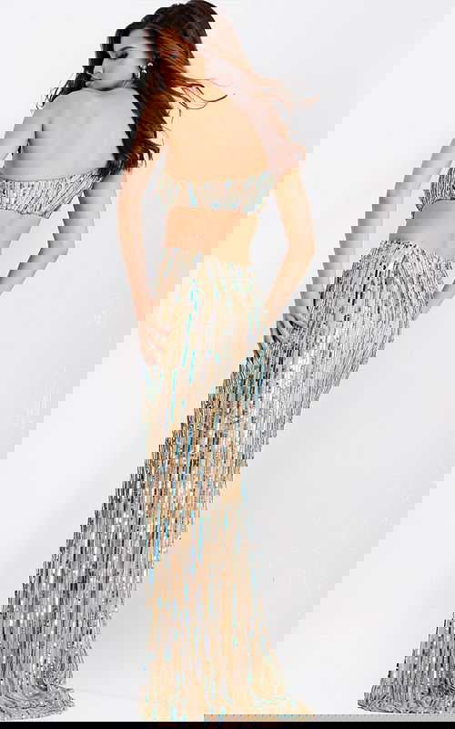 Blue and gold beaded prom gown with slit