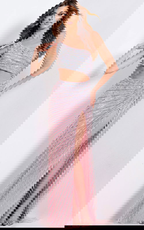 One shoulder sequin pink gown 48563