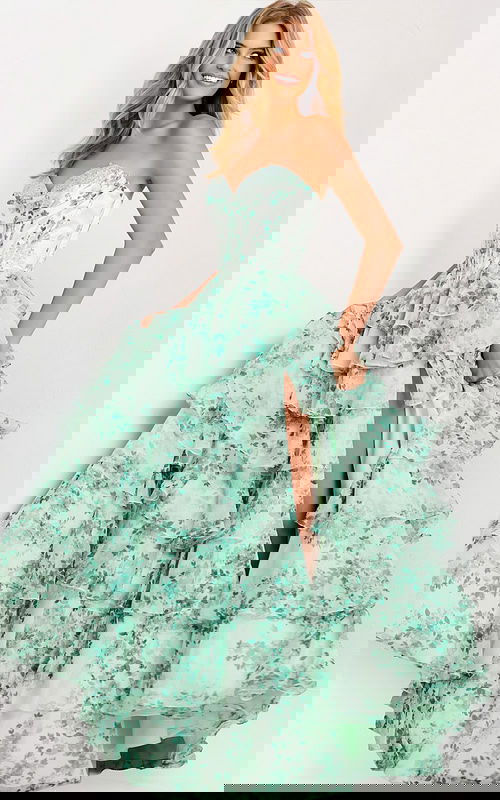 Green Floral Tiered Gown With Side Slit