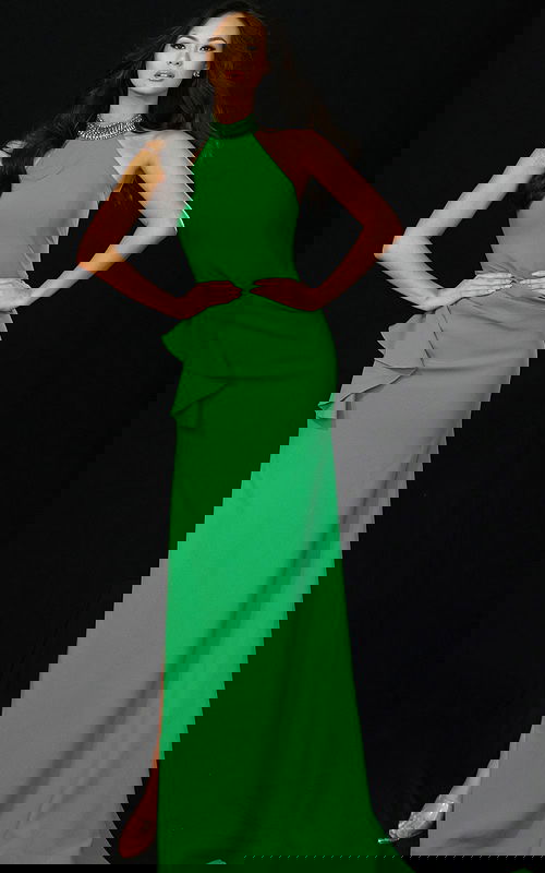Elegant green fitted gown featuring high neckline and open back