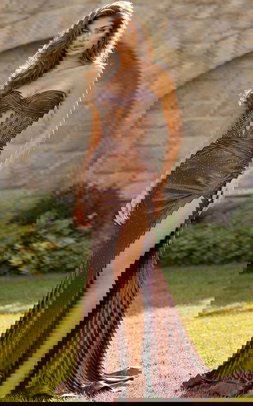 sweetheart neckline high slit bronze dress 48971