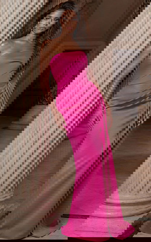 Strapless satin gown with draped bodice and fitted waist