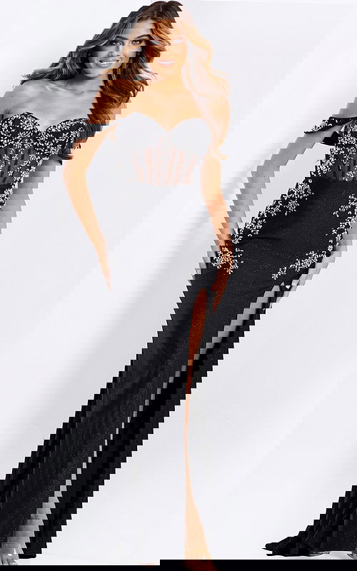 Off shoulder beaded prom dress with sheer corset and slit