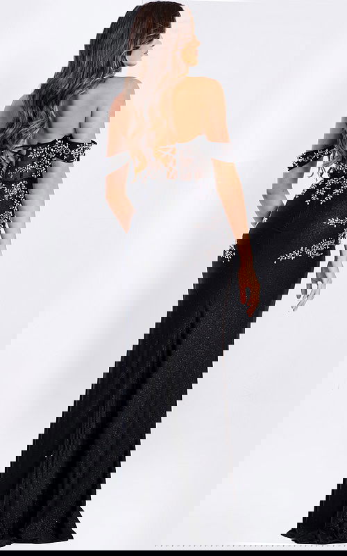 Black fitted gown with lace-up back and sparkling details