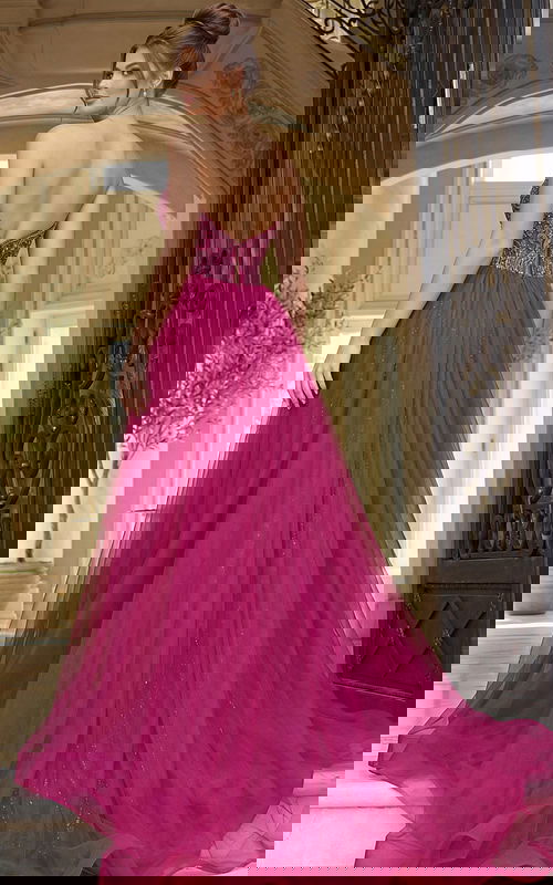 Back view of strapless beaded evening gown with low back, fitted waist, and flowing tulle skirt