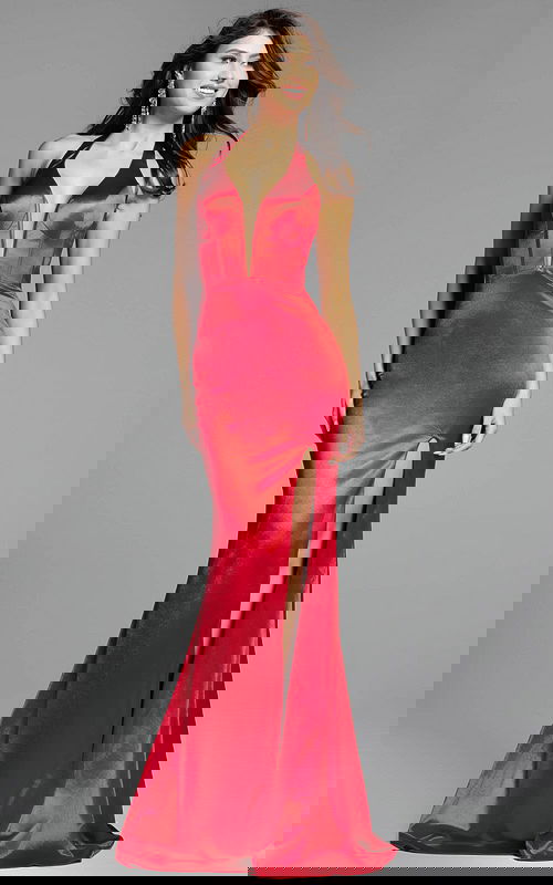 v neckline high slit dress D5032